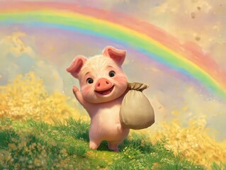 Cheerful Pig Holding Coin Bag Under Rainbow in a Vibrant Landscape