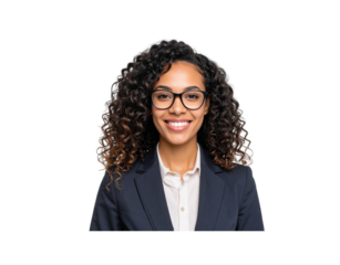 Smiling woman with curly hair and glasses wearing a navy blazer