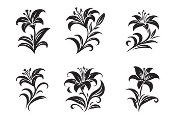 Lily with curved stem and leaves Silhouette Vector Set