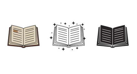 Three open books with pages isolated on white background in different styles