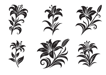 Lily with curved stem and leaves Silhouette Vector Set