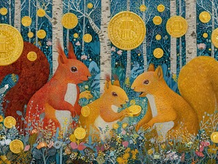 Cheerful Squirrels Count Gold Coins in Enchanted Forest Setting