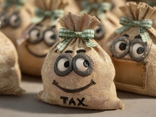 Cartoon Money Bags with Smiling Faces and Bows in a Fun Tax Theme