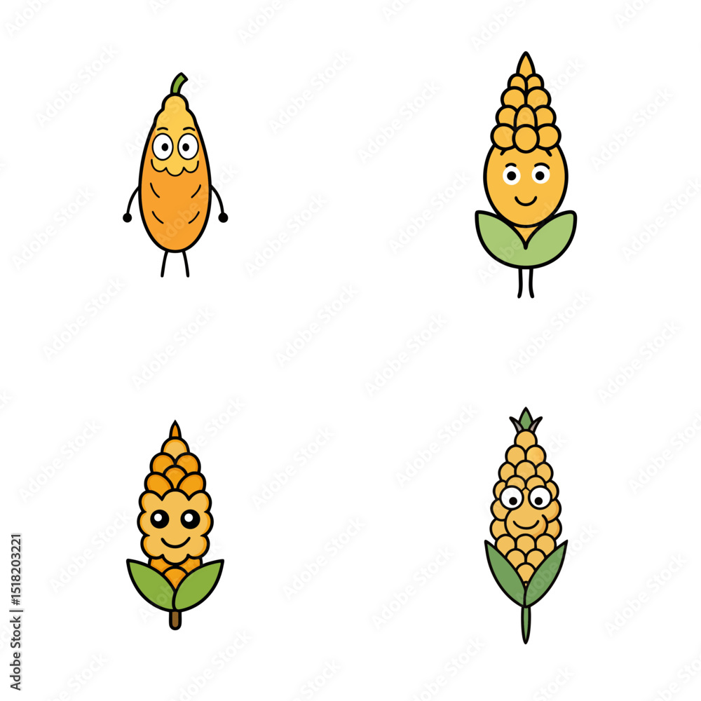 Poster cartoon corn characters with different expressions and styles on a white background shown in the ima