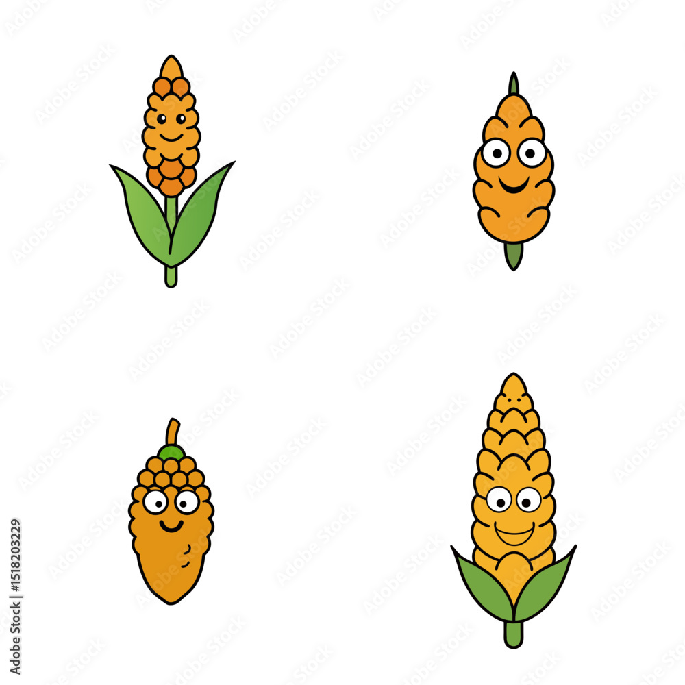 Poster four cartoon corn cobs with different styles and expressions are displayed on a white background