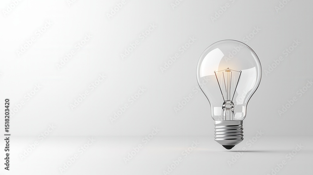 Poster a 3d rendering of a classic glass light bulb with a glowing filament set against a plain white backg