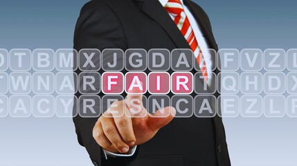 Businessman's hand touches virtual screen with business word concept, displaying a strategic solution for success