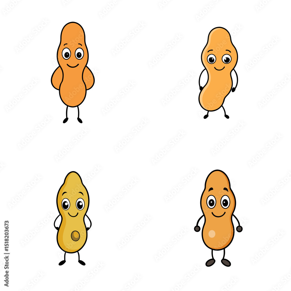 Poster four cartoon peanuts with smiling faces and simple limbs arranged in a square pattern on white backg