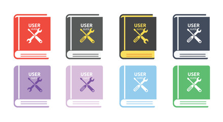 Collection of colorful user guide books with repair tools isolated on white background