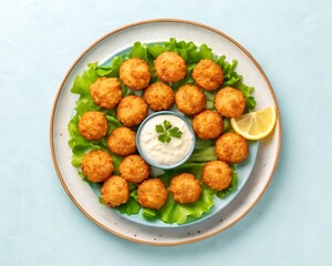 Vibrant overhead shot of golden-brown fried crab balls on a platter with lettuce, lemon, and a dipping sauce, perfect for appetizers.