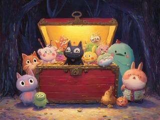 Whimsical Creatures Gather Around a Glowing Treasure Chest of Delight
