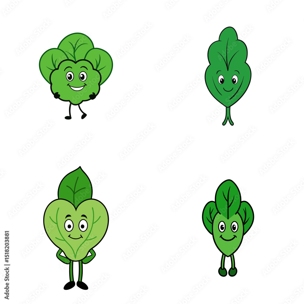 Poster four cartoon leaves with faces and limbs arranged on a white background in a square pattern format