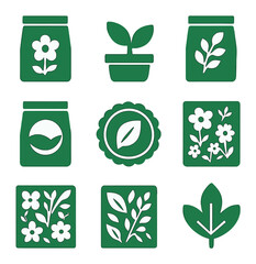 Botanical Icons Grid. Solid, filled icons set of botanical packaging designs: flower icon, plant icon, leafy