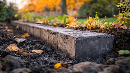 Detail of new fence installation with wooden stakes in fresh concrete and wet soil