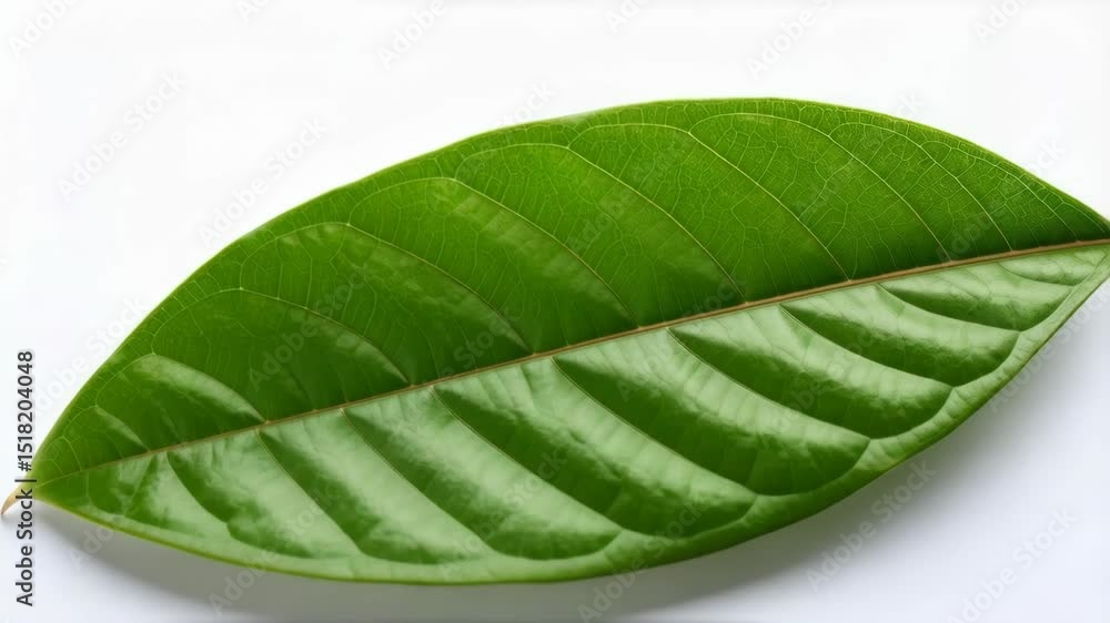Poster close-up of a vibrant green leaf displaying detailed venation patterns and texture against a clean w