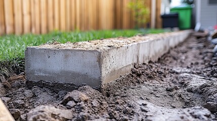 Fence foundation with timber posts and concrete footing on a rainy day at outdoor site