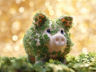 Whimsical Piggy Bank Covered in Lucky Clover for Prosperity Symbolism