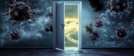 Open Door For Exit From Stormy Room With Coronavirus - Contain 3d Rendering