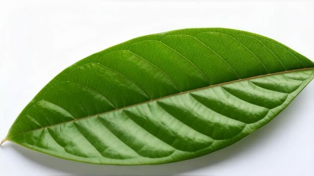 Close-up of a vibrant green leaf displaying detailed venation patterns and texture against a clean white background.