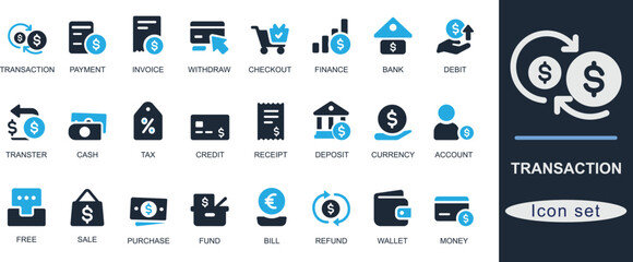 Flat black transaction icon set with wallet, payment, invoice, refund, credit, debit, receipt, balance, and currency. Ideal for fintech, banking, and UI design.