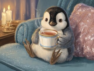 Adorable Penguin Enjoying Tea in Cozy Setting with Soft Lighting