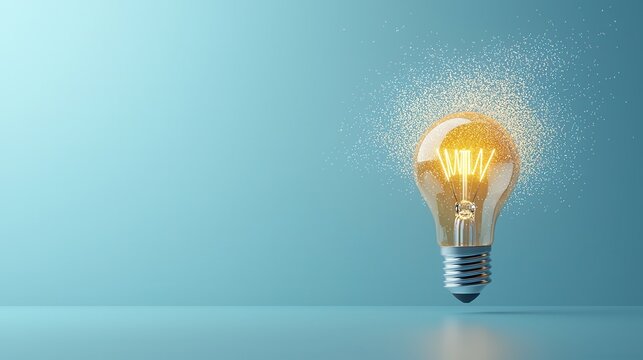 Illuminated glass light bulb floating effortlessly in a soft misty cloud against a serene blue background symbolizing innovation creativity and the power of ideas
