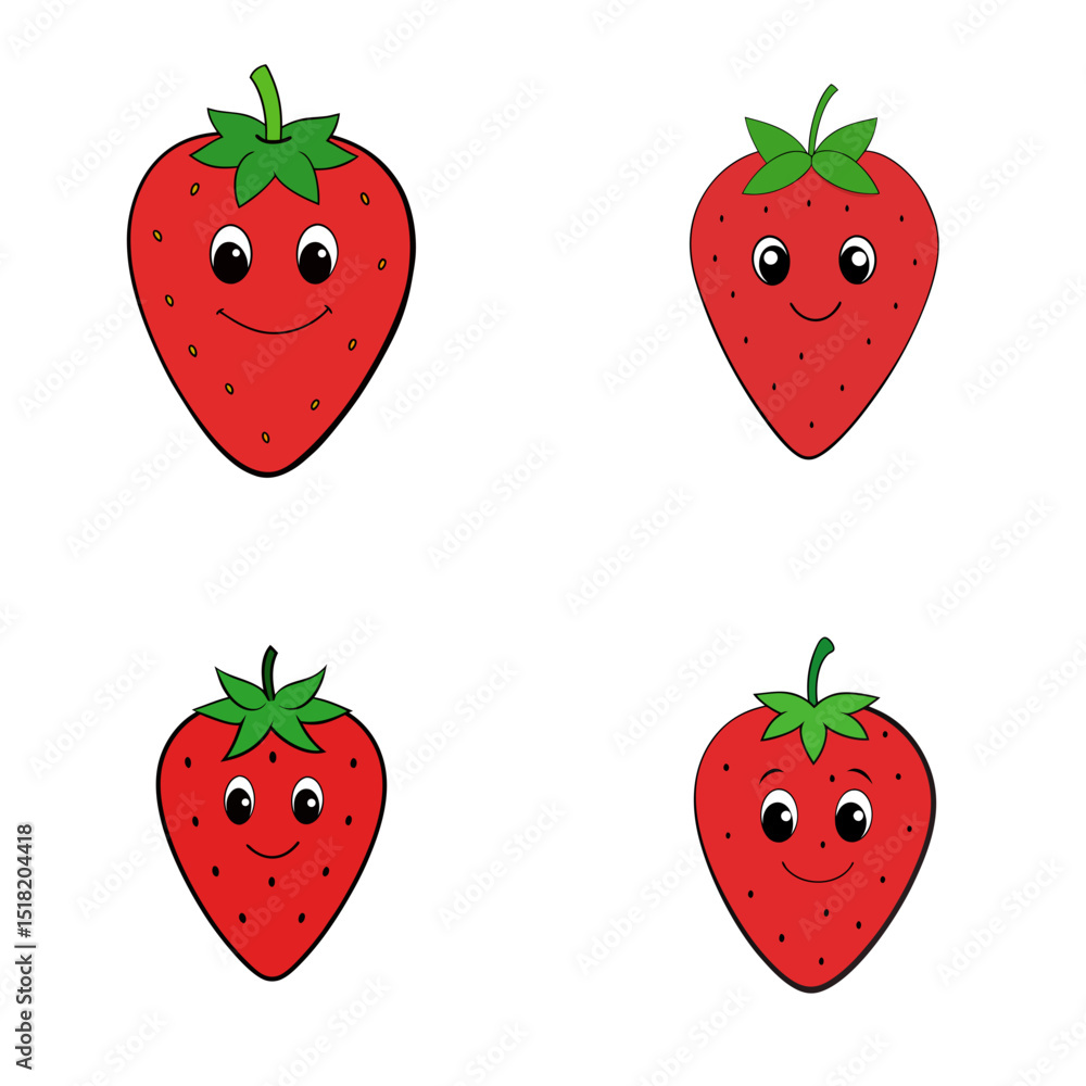 Poster four cartoon strawberries with happy faces and green stems arranged on a white background in a squar
