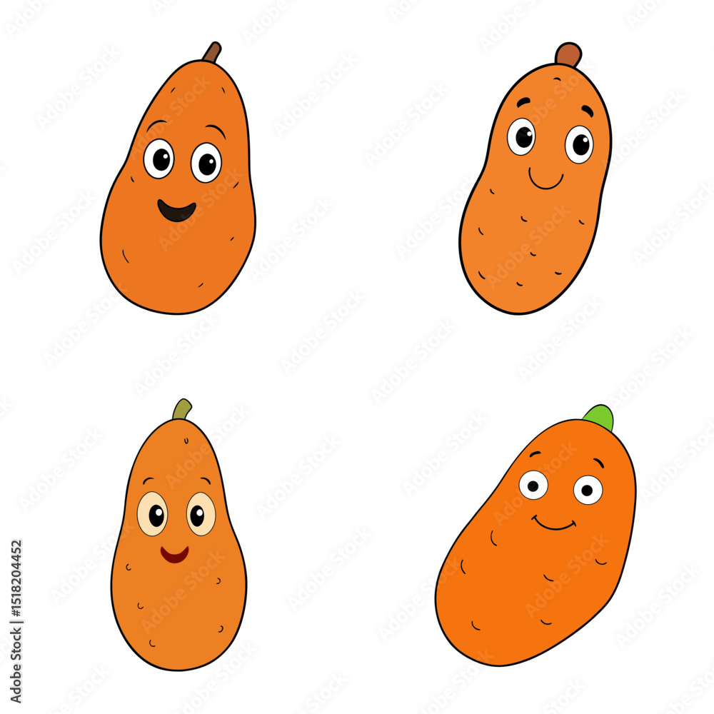 Poster four cartoon potatoes with different shapes and expressions on a white background in a square format