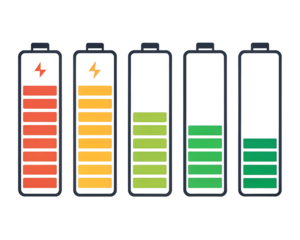 Battery charge level icons in flat style showing power status from low to full. Colorful indicators include red, yellow, and green bars. Perfect for apps, energy, and device interface design.