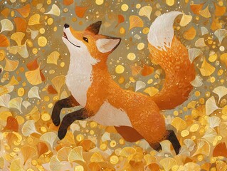 Joyful Little Fox Jumping with Excitement Amidst Golden Leaves