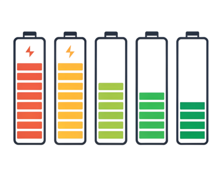 Battery charge level icons in flat style showing power status from low to full. Colorful indicators include red, yellow, and green bars. Perfect for apps, energy, and device interface design.