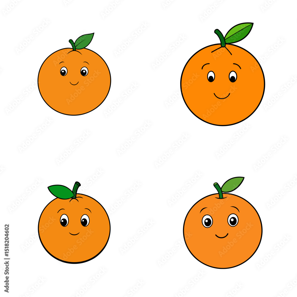 Poster four cartoon oranges with smiling faces and green leaves arranged in a square pattern on white backg