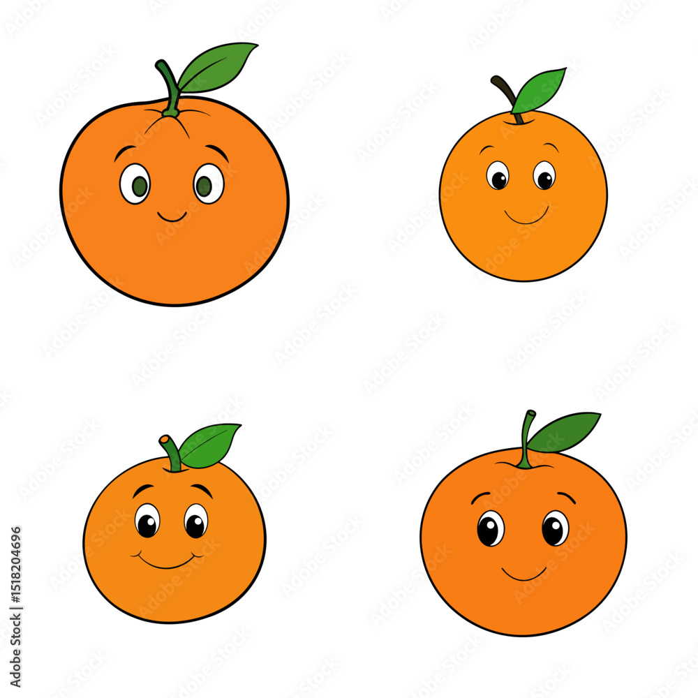Poster four cartoon oranges with smiling faces and green leaves arranged on a white background in a square 