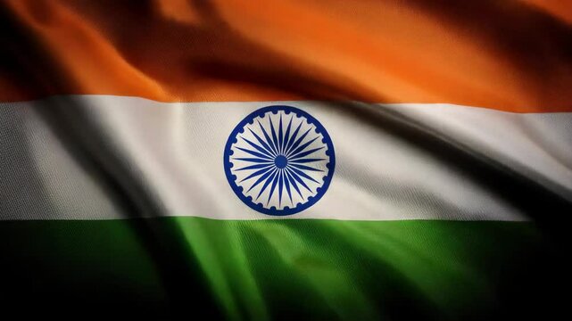 Indian flag billowing, displaying saffron, white, green stripes and central navy blue ashoka chakra.