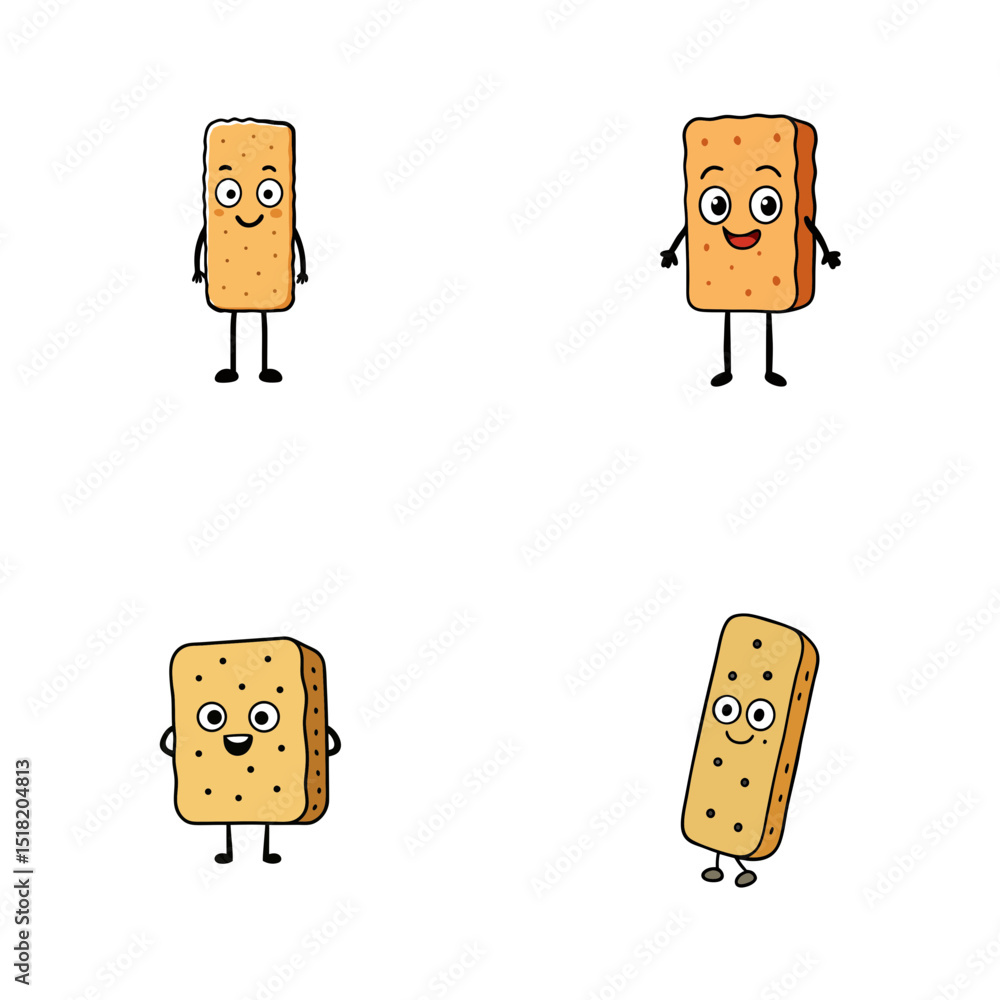 Poster four cartoon shortbread cookies with faces and limbs standing on a white background in a square form