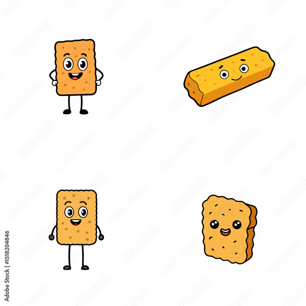 Poster four cartoon crackers with different expressions and poses on a white background are displayed here