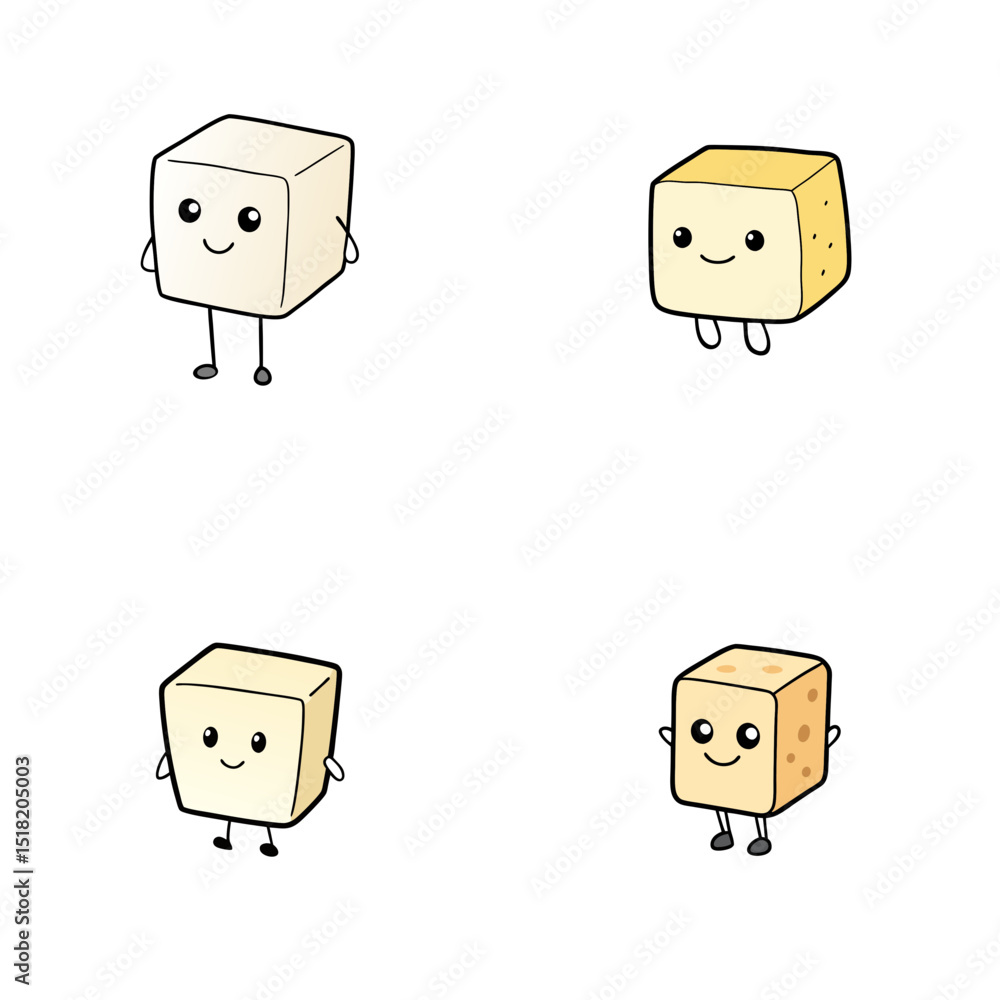 Poster four cartoon tofu cubes with faces and limbs standing in a grid on a white background smiling softly