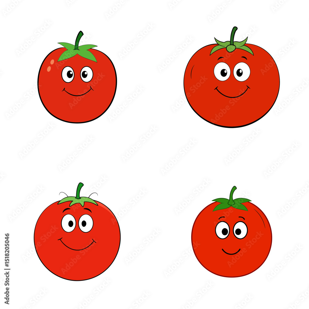 Poster four cartoon tomatoes with smiling faces and green stems arranged on a white background in a square 