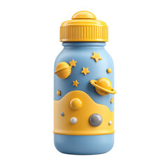 Playful space themed kids bottle featuring vibrant colors and fun 3D elements like planets and stars. This cute design is perfect for young explorers and adds excitement to hydration