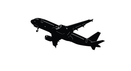 Airplane taking off isolated on white background, a silhouette of a modern jet in flight