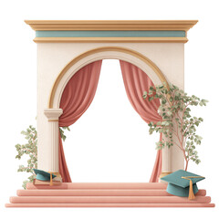 Decorative graduation arch featuring elegant curtains and greenery, perfect for celebrating academic achievements. This stage element adds festive touch to any graduation ceremony