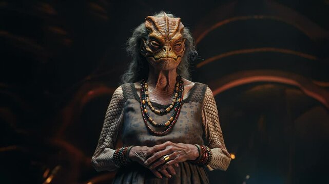 Portrait of an elderly reptilian humanoid with a weathered face, adorned in jewelry and a simple dress, conveying wisdom and experience.