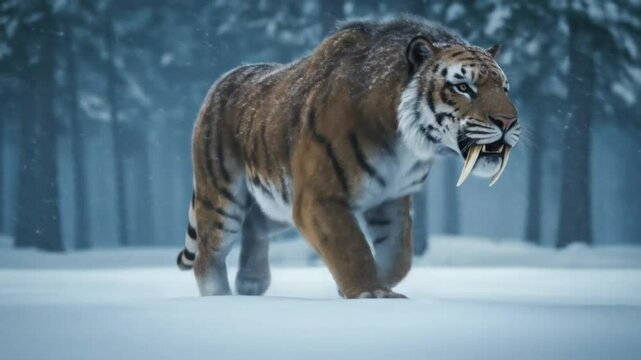 Saber-toothed cat (smilodon) prowls through a snowy forest, its powerful form a testament to survival in the frigid Ice Age landscape.
