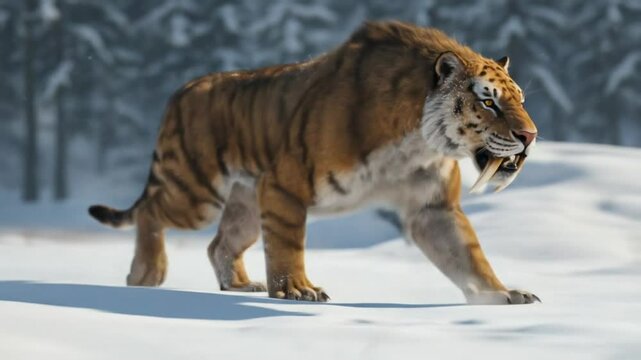 A magnificent saber-toothed tiger, prehistoric feline predator walks through a snow-covered landscape, displaying powerful musculature and distinctive teeth.