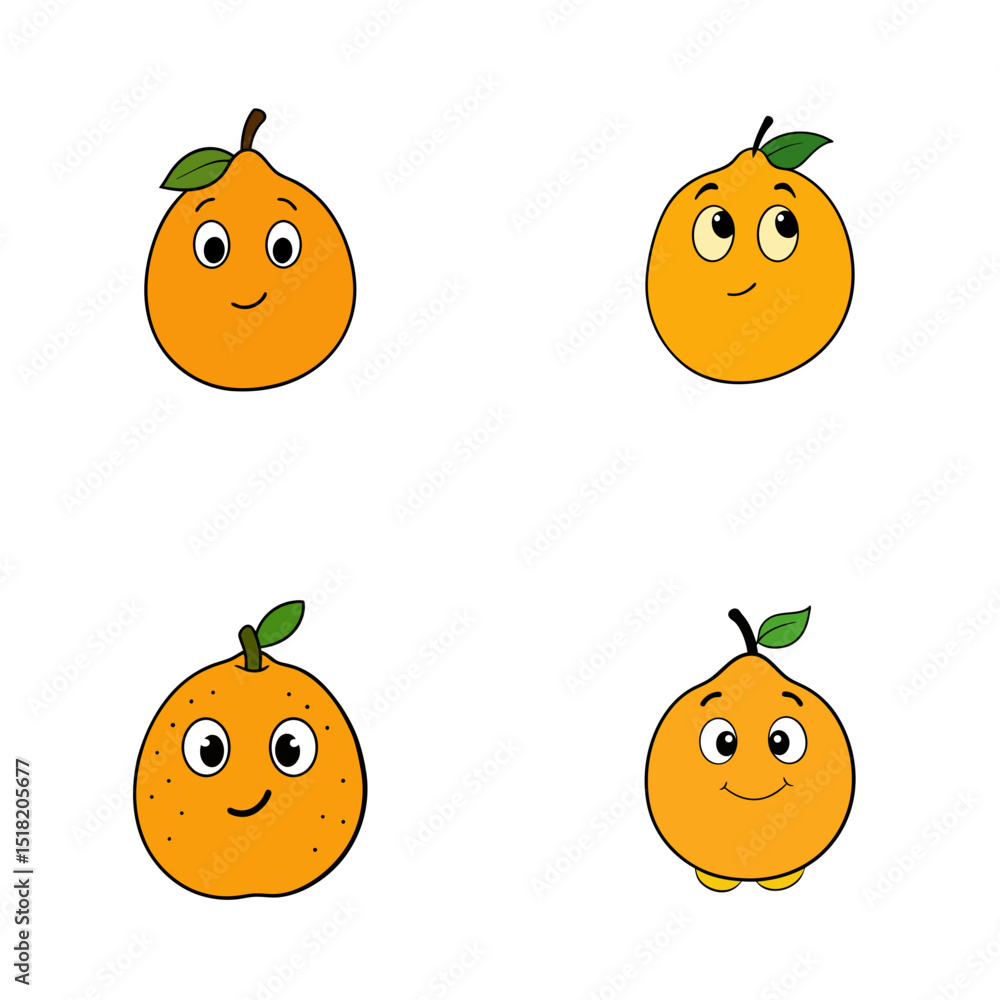 Poster four cartoon oranges with different expressions and a leaf on a white background are visible