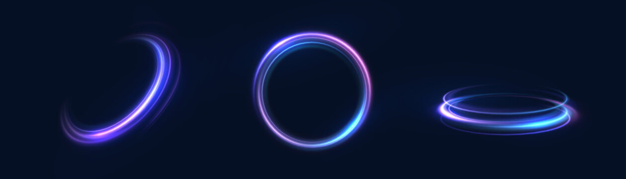 Abstract light effect of glowing line, bright swirl moving in circle on transparent background. Light flow speed effect. Vector	