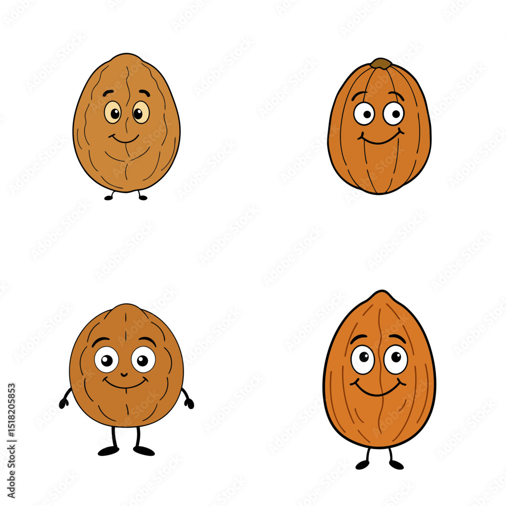 Poster four cartoon nuts with big eyes and smiling faces standing on a white background in a square format