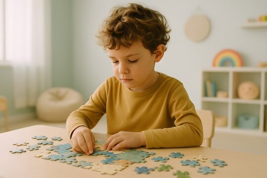 Child with autism engaging in deep focus on a puzzle, surrounded by calming colors and sensory-friendly environment. Generative AI