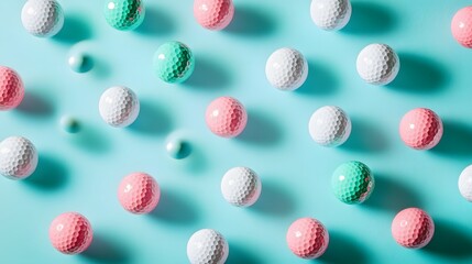 Pastel-colored golf balls arranged in a geometric pattern on a light teal background.