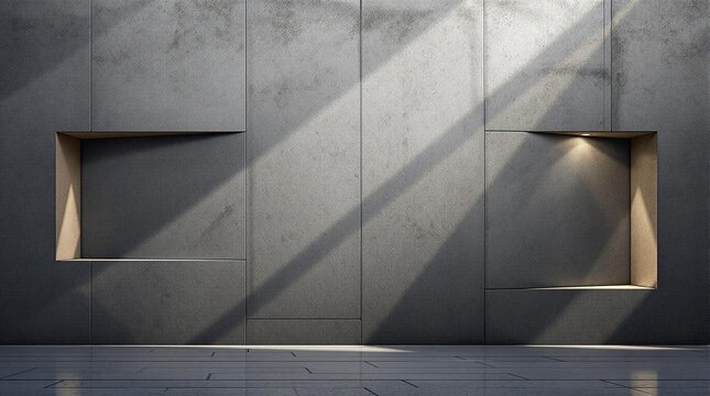 Abstract concrete slab wall with deep shadows from angular cutouts, high exposure on illuminated sections.